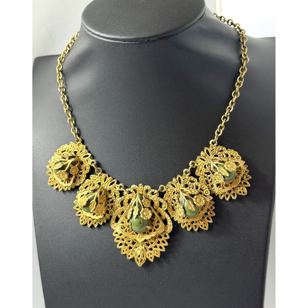 Vintage Filigree Necklace Victorian Revival Gold Tone Green READ